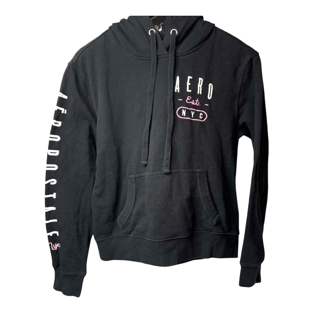 Aeropostale Womens Size M Black Fleece Pink Aero Logo Pocketed Pullover Hoodie
